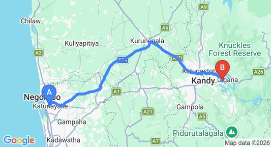 Driving route map: Colombo Airport (CMB) to Club Victoria Range Holiday Resort, Kandy (125 km, approx 3 h 14 min private transfer)