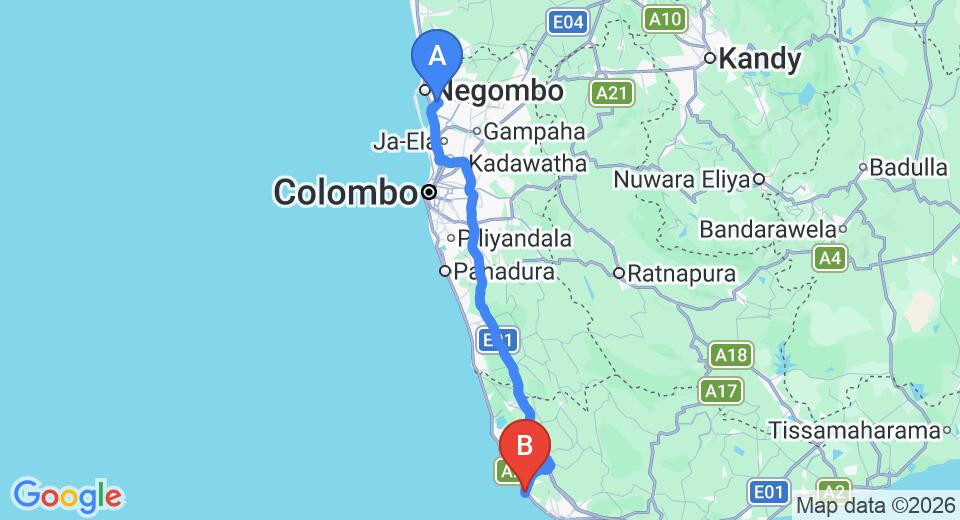 Driving route map: Colombo Airport (CMB) to House of Lotus, Dodanduwa (144 km, approx 2 h 7 min private transfer)
