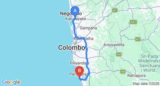 Driving route map: Colombo Airport (CMB) to Taprobana by Asia Leisure, Wadduwa (80 km, approx 1 h 26 min private transfer)