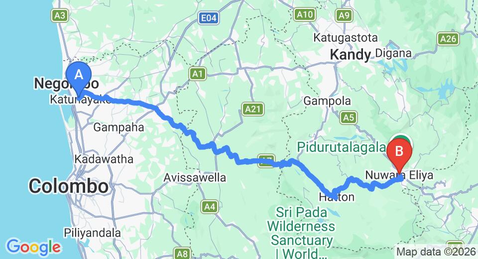 Driving route map: Colombo Airport (CMB) to Blossoms Hotel, Nuwara Eliya (152 km, approx 4 h 41 min private transfer)
