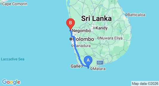 Driving route map: Weligama to Negombo (174 km, approx 2 h 26 min private transfer)