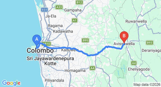Driving route map: Colombo Seaport to Avissawella (48 km, approx 1 h 34 min private transfer)