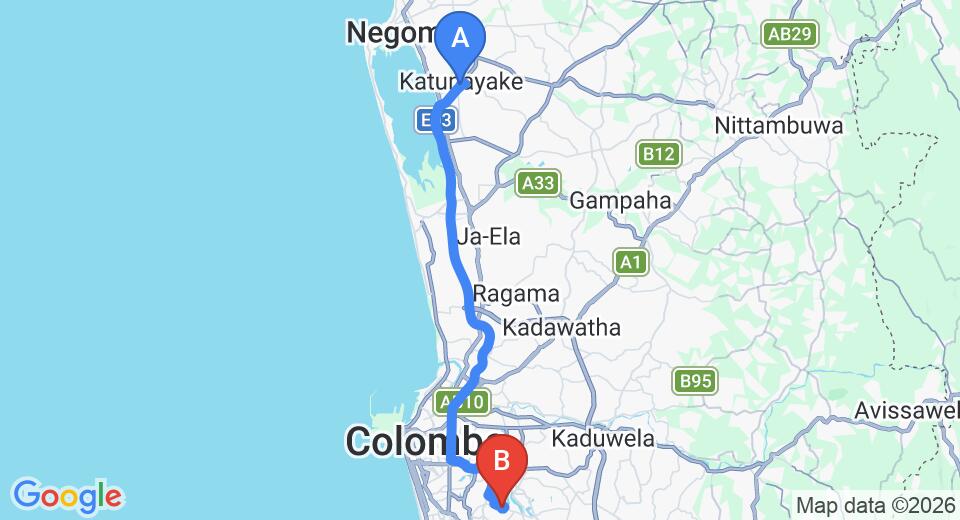 Driving route map: Colombo Airport (CMB) to Villa Escondite, Kotte (40 km, approx 56 min private transfer)