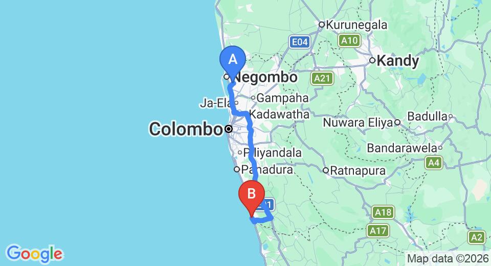 Driving route map: Colombo Airport (CMB) to Hotel Chamara, Beruwala (109 km, approx 1 h 43 min private transfer)
