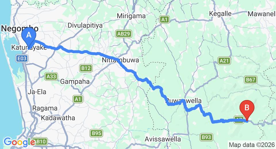 Driving route map: Colombo Airport (CMB) to Rafters Retreat, Kitulgala (81 km, approx 2 h 23 min private transfer)