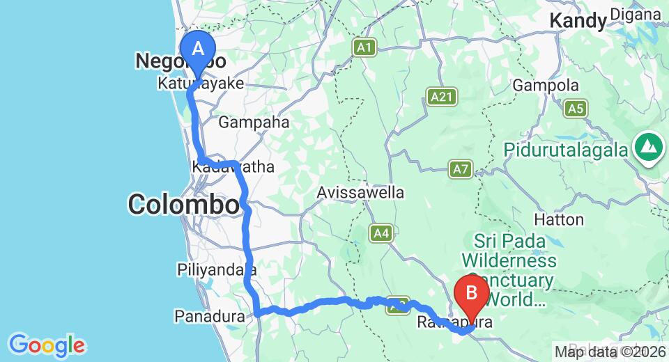 Driving route map: Colombo Airport (CMB) to Elnara Resort, Ratnapura (124 km, approx 2 h 44 min private transfer)