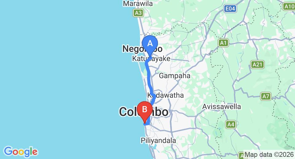 Driving route map: Colombo Airport (CMB) to Supun Arcade Residency, Colombo (38 km, approx 57 min private transfer)