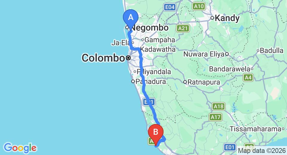 Driving route map: Colombo Airport (CMB) to Riff, Hikkaduwa (143 km, approx 2 h 7 min private transfer)