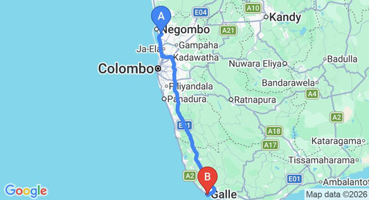 Driving route map: Colombo Airport (CMB) to 5 Middle St, Galle (153 km, approx 2 h 13 min private transfer)