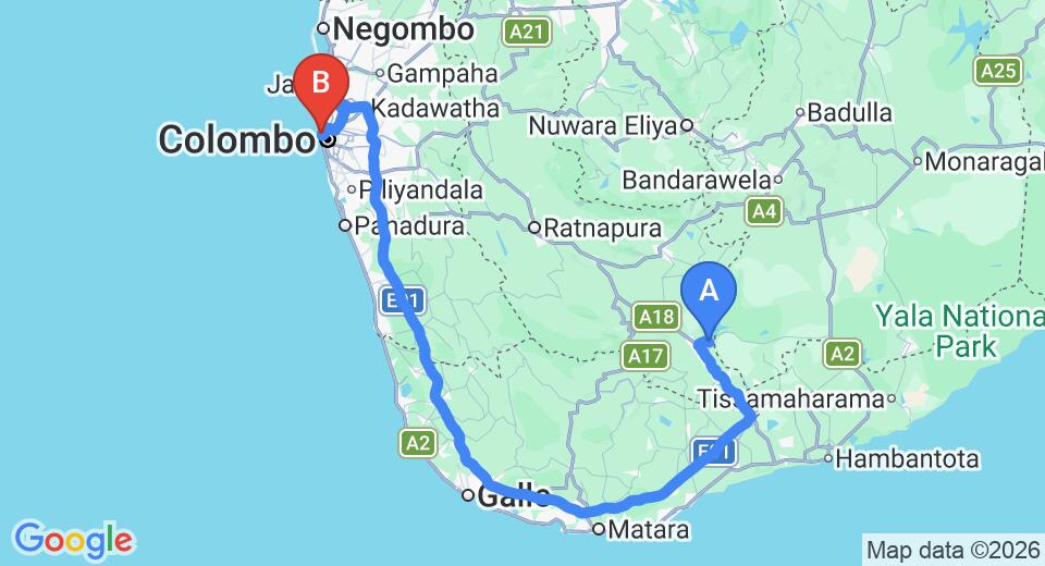 Driving route map: Udawalawe to Colombo Seaport (254 km, approx 3 h 37 min private transfer)