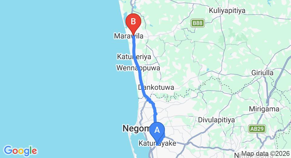 Driving route map: Colombo Airport (CMB) to Palm Haven Hotel, Marawila (33 km, approx 59 min private transfer)