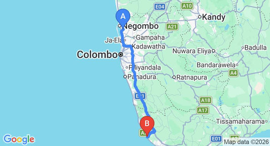 Driving route map: Colombo Airport (CMB) to Vesma Villas, Hikkaduwa (142 km, approx 2 h 6 min private transfer)