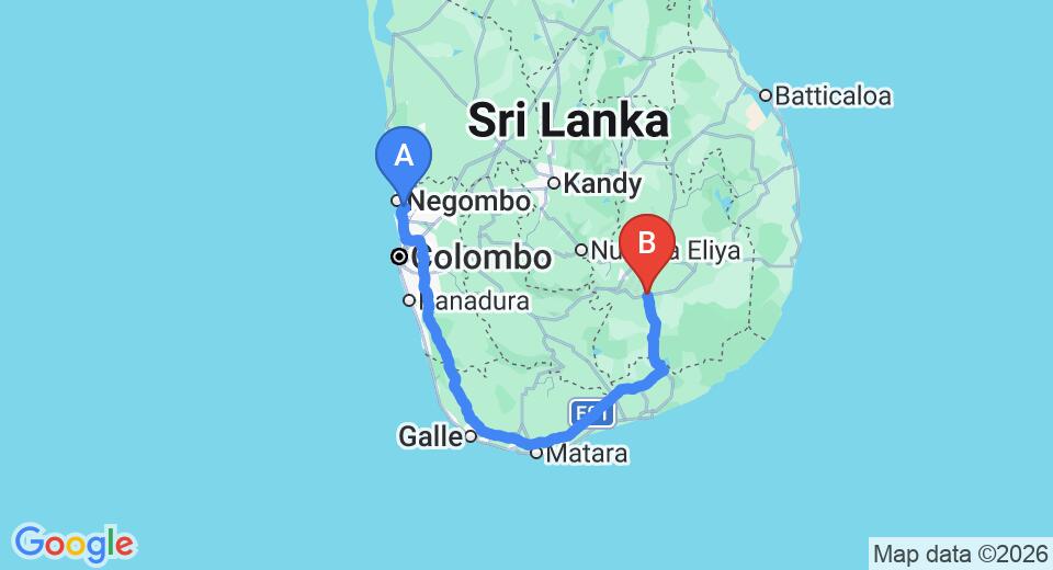 Driving route map: Colombo Airport (CMB) to New Saranga Holiday Inn, Wellawaya (309 km, approx 4 h 14 min private transfer)
