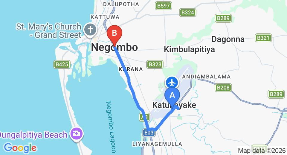 Driving route map: Colombo Airport (CMB) to Thisara Holiday New Villa, Negombo (9 km, approx 20 min private transfer)