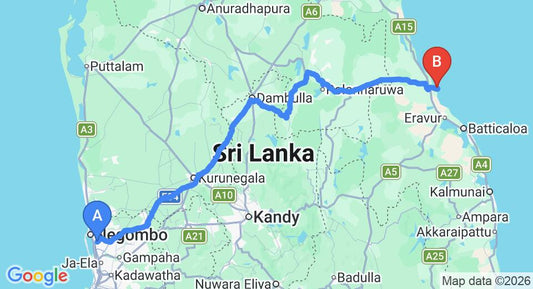 Driving route map: Colombo Airport (CMB) to Sun Aqua Pasikudah, Pasikuda (267 km, approx 5 h 28 min private transfer)