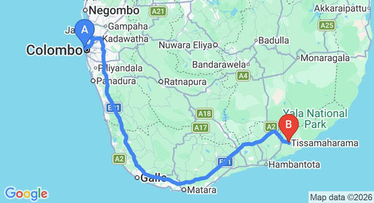 Driving route map: Colombo Seaport to Tissamaharama (273 km, approx 3 h 40 min private transfer)