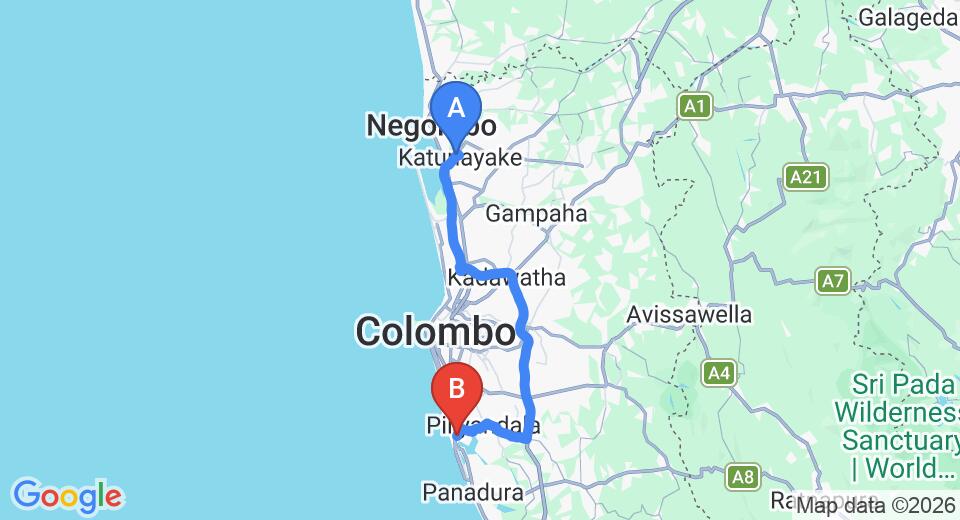 Driving route map: Colombo Airport (CMB) to Grimsby Home Stay, Moratuwa (68 km, approx 1 h 18 min private transfer)