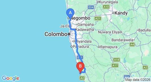 Driving route map: Colombo Airport (CMB) to Villa Karadiya, Ambalangoda (130 km, approx 1 h 59 min private transfer)