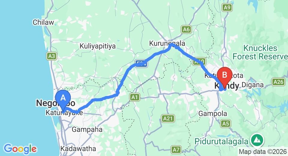 Driving route map: Colombo Airport (CMB) to Skyloft Kandy by Yathra, Kandy (115 km, approx 2 h 57 min private transfer)