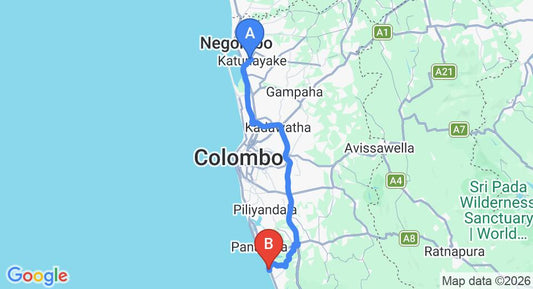 Driving route map: Colombo Airport (CMB) to Serendiva Beach, Wadduwa (79 km, approx 1 h 25 min private transfer)
