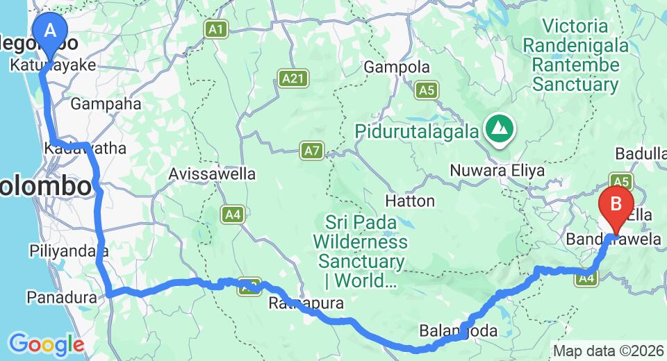 Driving route map: Colombo Airport (CMB) to Kirchchayn Bungalow, Bandarawela (220 km, approx 5 h 24 min private transfer)