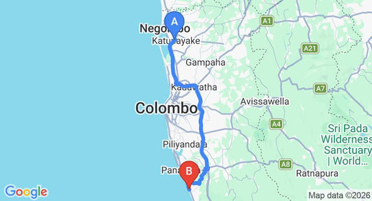Driving route map: Colombo Airport (CMB) to Sethrawan Ayurvedic Resort, Wadduwa (81 km, approx 1 h 28 min private transfer)