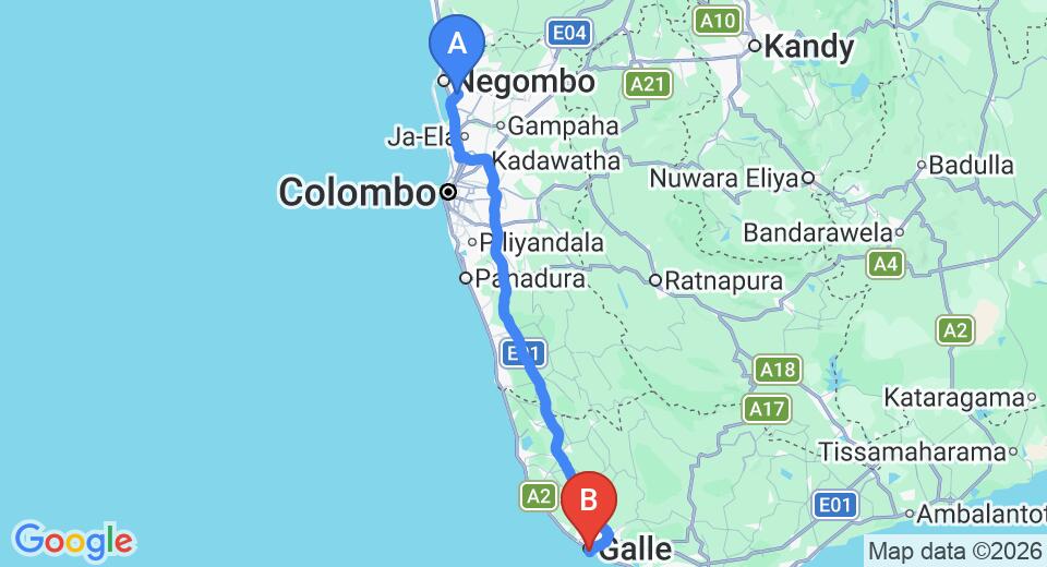Driving route map: Colombo Airport (CMB) to The Fort Bazaar, Galle (153 km, approx 2 h 13 min private transfer)