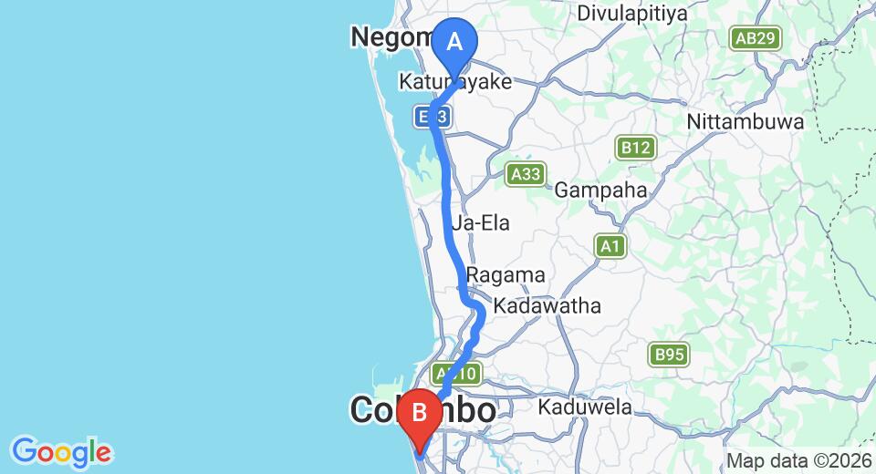Driving route map: Colombo Airport (CMB) to Talo Urban, Colombo (36 km, approx 50 min private transfer)