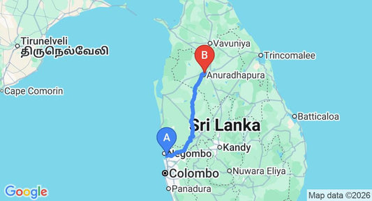Driving route map: Colombo Airport (CMB) to Rajarata Hotel, Anuradhapura (176 km, approx 3 h 49 min private transfer)