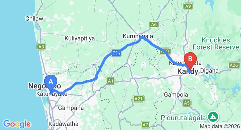 Driving route map: Colombo Airport (CMB) to Hotel Travellers Nest, Kandy (117 km, approx 2 h 59 min private transfer)