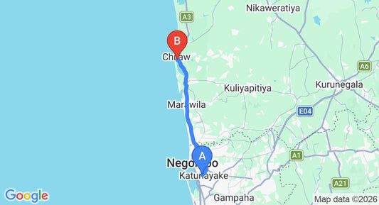 Driving route map: Colombo Airport (CMB) to Hotel Capri Mc, Chilaw (52 km, approx 1 h 27 min private transfer)