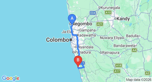 Driving route map: Colombo Airport (CMB) to Heritance Ayurveda, Beruwala (109 km, approx 1 h 43 min private transfer)