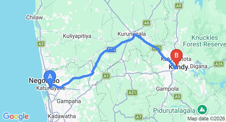 Driving route map: Colombo Airport (CMB) to Kings Pavilion Luxury Hotel, Kandy (112 km, approx 2 h 47 min private transfer)