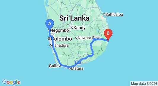 Driving route map: Colombo Airport (CMB) to Beach Hut, Arugam Bay (417 km, approx 6 h 24 min private transfer)