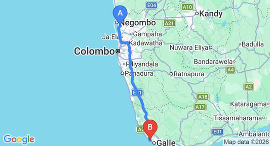 Driving route map: Colombo Airport (CMB) to Villa Republic Galle, Galle (146 km, approx 2 h 14 min private transfer)