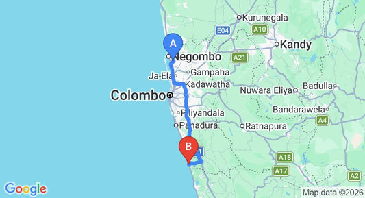 Driving route map: Colombo Airport (CMB) to Tripna Holiday Resort, Aluthgama (107 km, approx 1 h 39 min private transfer)