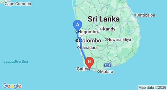 Driving route map: Colombo Airport (CMB) to Sanmira Renaissance, Unawatuna (153 km, approx 2 h 9 min private transfer)