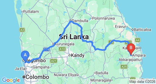 Driving route map: Colombo Airport (CMB) to Gal Oya Lodge, Ampara (323 km, approx 6 h 26 min private transfer)