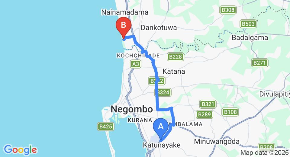 Driving route map: Colombo Airport (CMB) to Ranweli Holiday Village, Waikkal (20 km, approx 42 min private transfer)