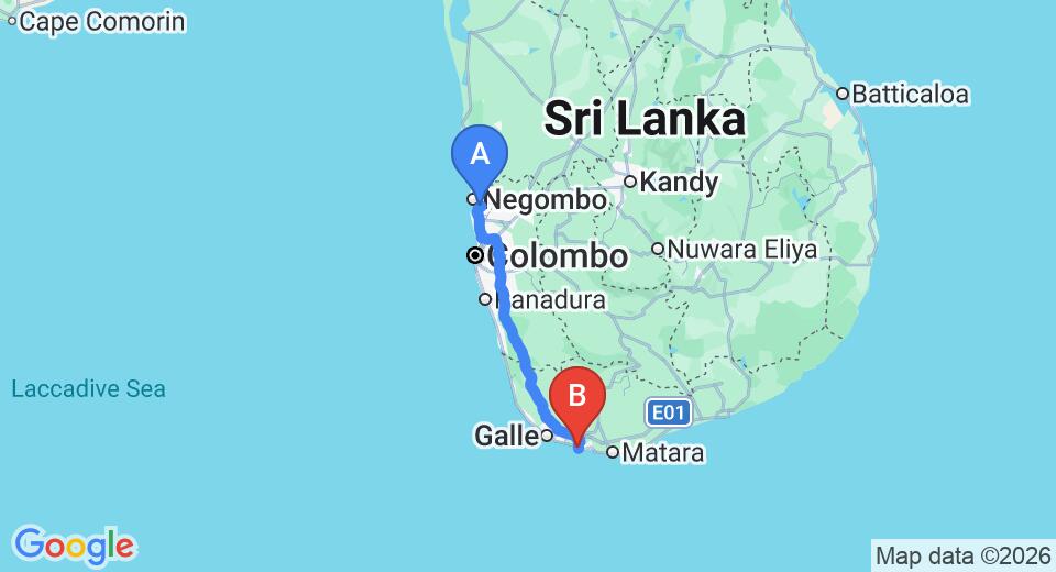 Driving route map: Colombo Airport (CMB) to Wijaya Giri, Galle (167 km, approx 2 h 24 min private transfer)