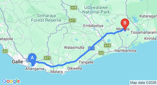 Driving route map: Koggala to Mattala (HRI) Airport (105 km, approx 1 h 29 min private transfer)