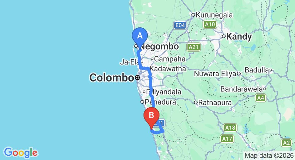 Driving route map: Colombo Airport (CMB) to Sandul Villa, Beruwala (108 km, approx 1 h 43 min private transfer)