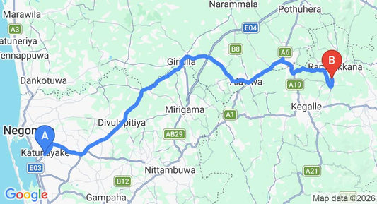 Driving route map: Colombo Airport (CMB) to Pinnawala (78 km, approx 2 h 6 min private transfer)