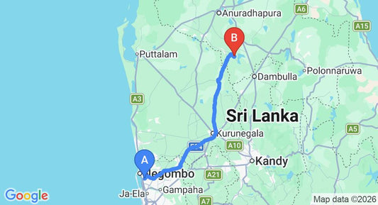 Driving route map: Colombo Airport (CMB) to Avukana (146 km, approx 3 h 6 min private transfer)
