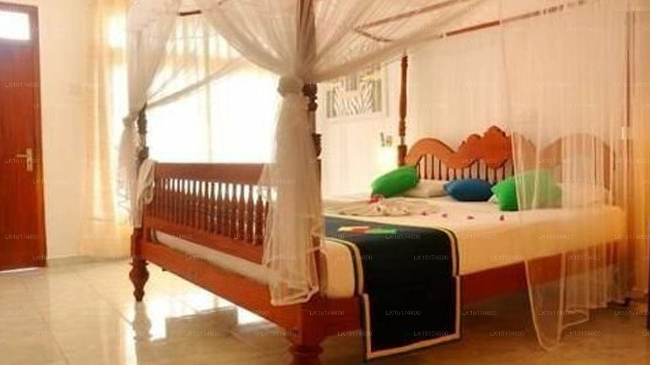 Bedroom with a wooden bed and mosquito net in a well-lit room.