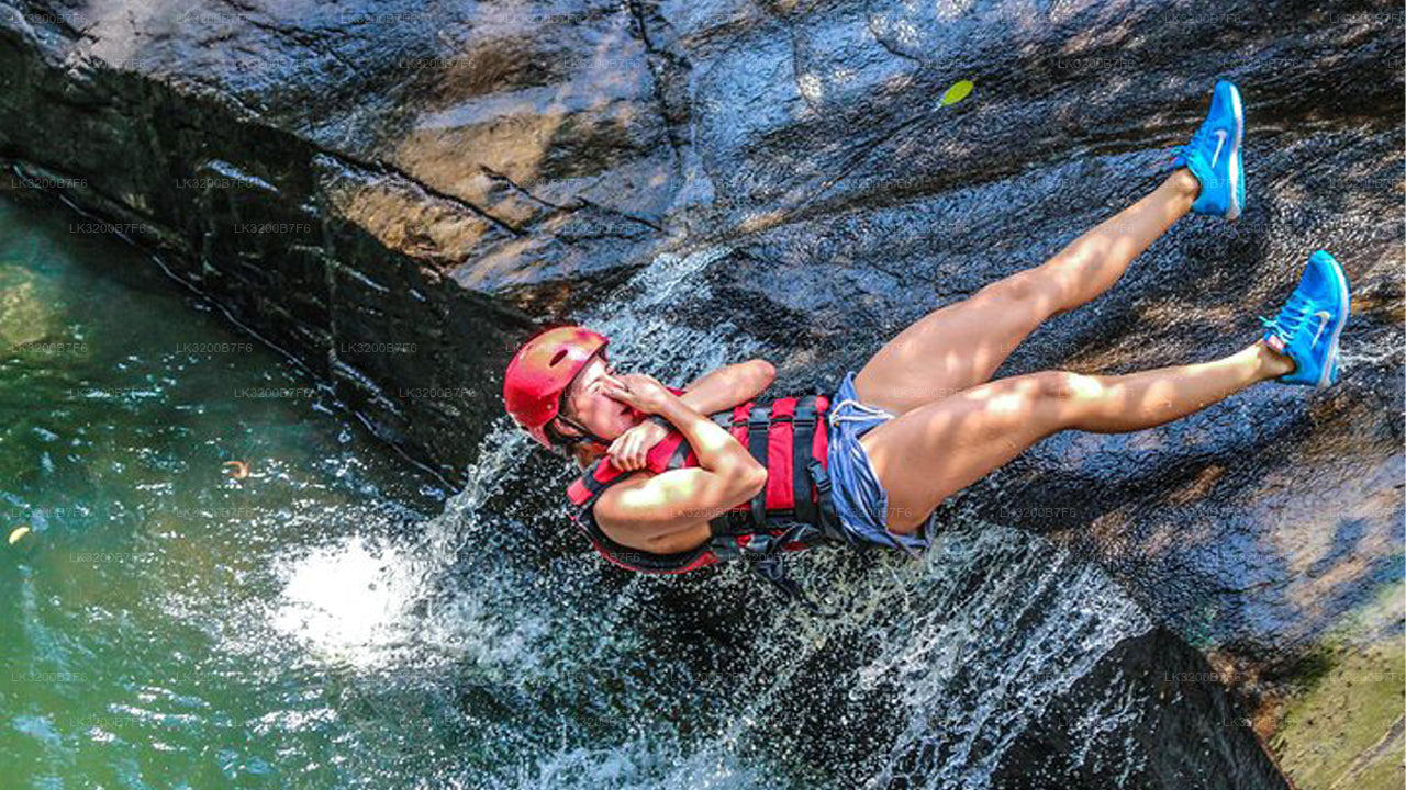 Person cliff diving into water from a rocky ledge