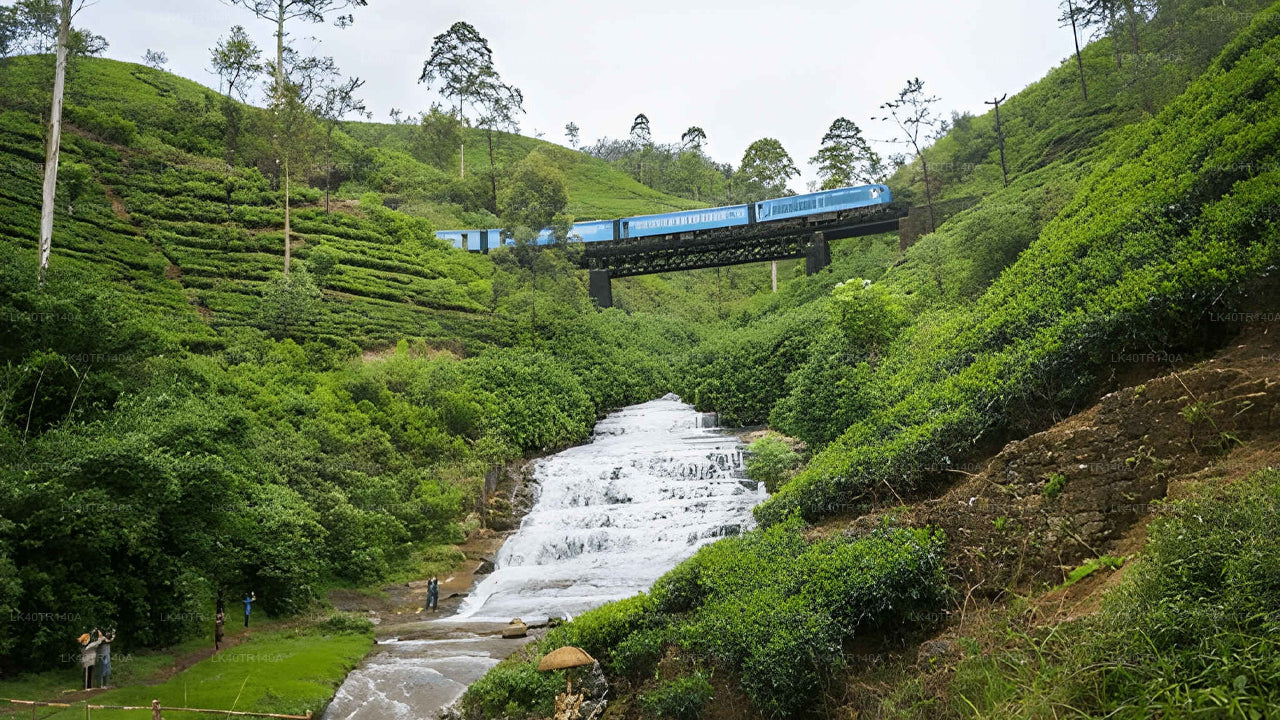 Train crossing a bridge over a waterfall in a lush green landscape