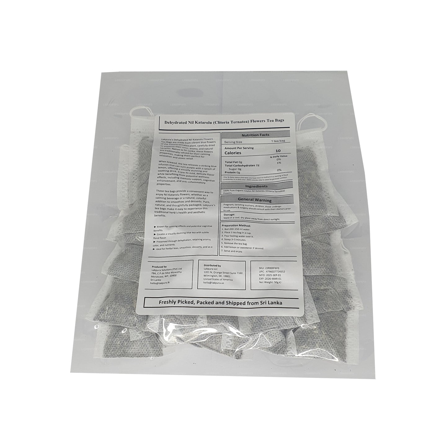 Lakpura® Dehydreret Sommerfuglerærte (Nil Katarolu; Clitoria Ternatea) Blomstertebreve (25 tebreve)