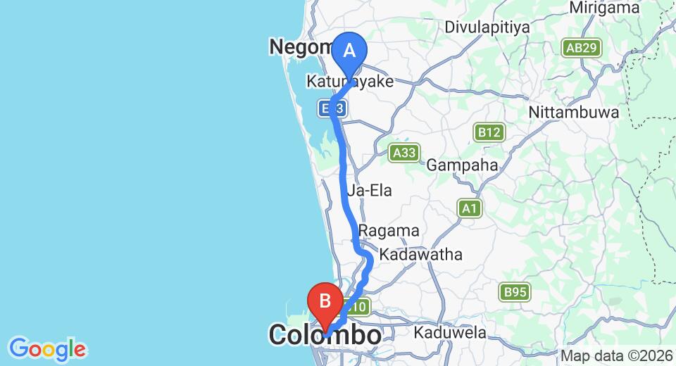 Driving route map: Colombo Airport (CMB) to Secure Villa, Colombo (32 km, approx 39 min private transfer)