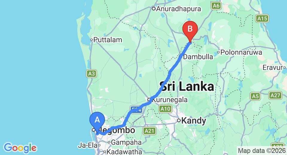 Driving route map: Colombo Airport (CMB) to Ayurvie Sigiriya Retreat, Sigiriya (148 km, approx 3 h 12 min private transfer)